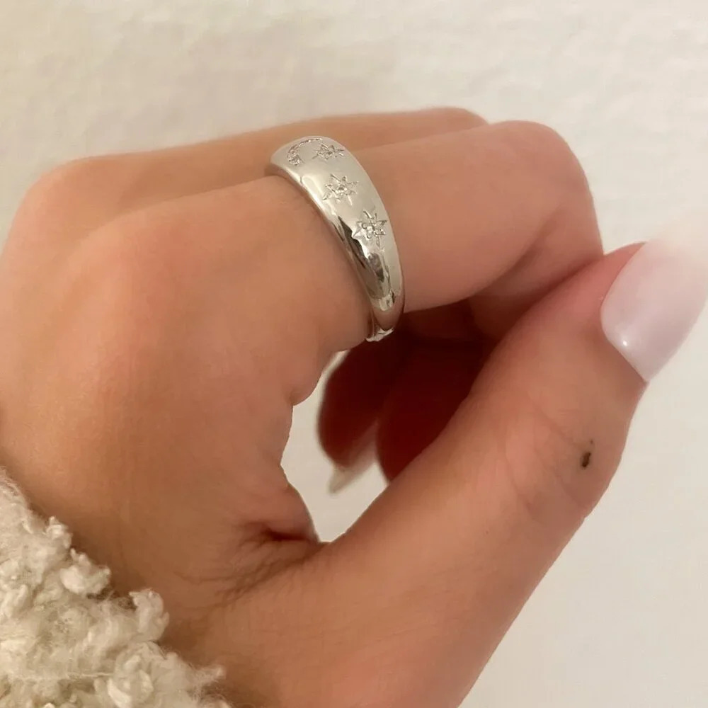 925 Sterling Silver Moon & Star Ring Silver Ring Band Celestial Ring Moon Ring - Picture 4 of 7